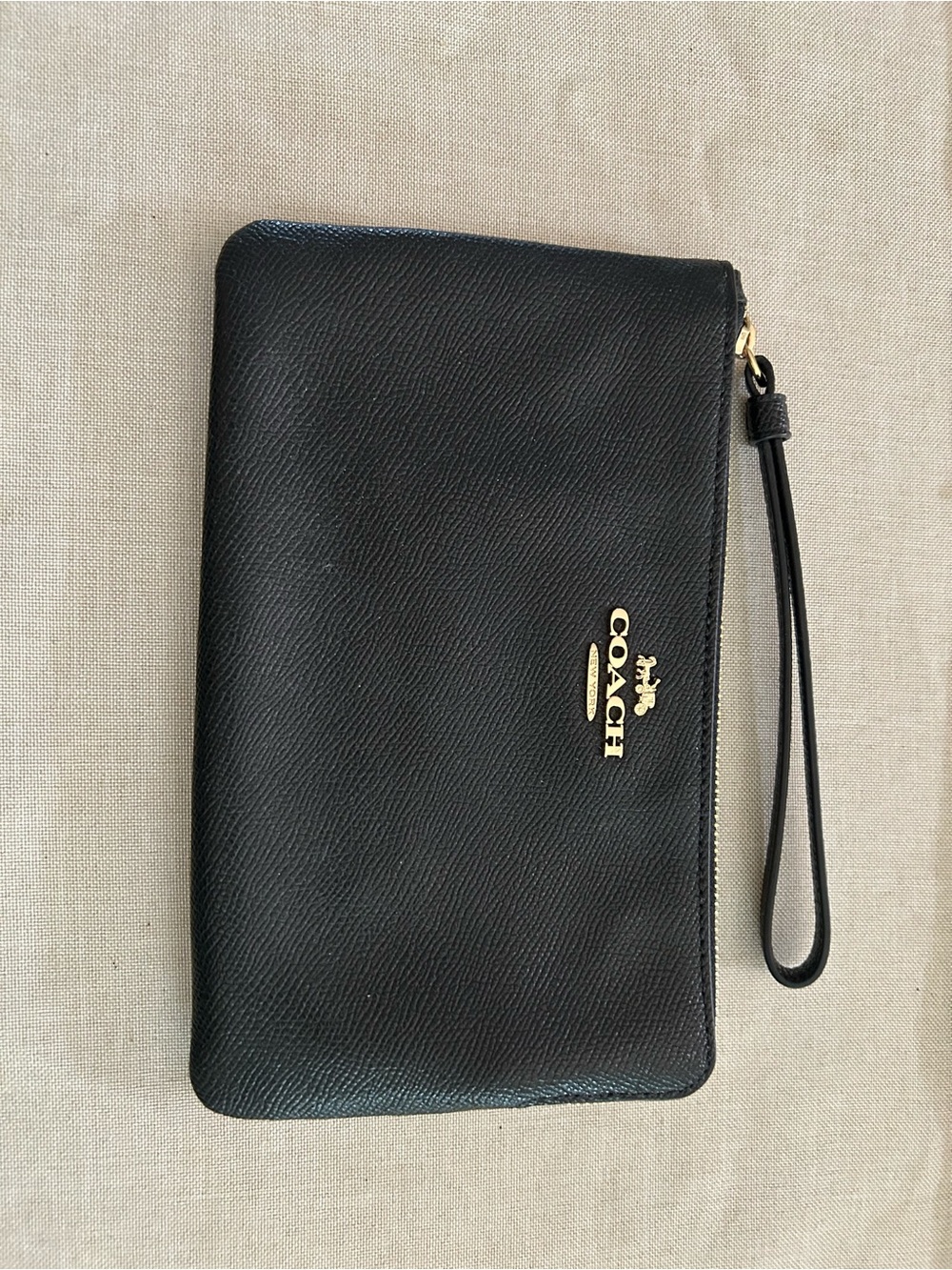 Coach Black Leather Zip Wristlet with Gold Hardware